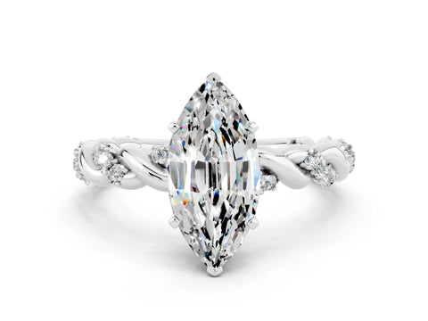 White gold Marquise Cut Moissanite Solitaire Ring with Twisted Band and Pavé Accents