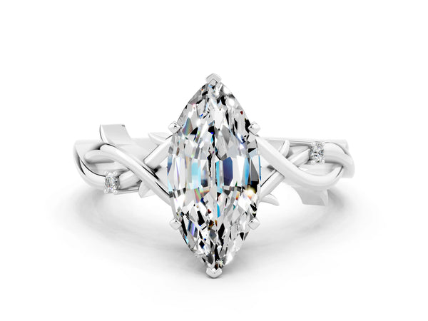 Platinum Marquise Cut Moissanite Solitaire Ring with Twisted Band and Prong Setting