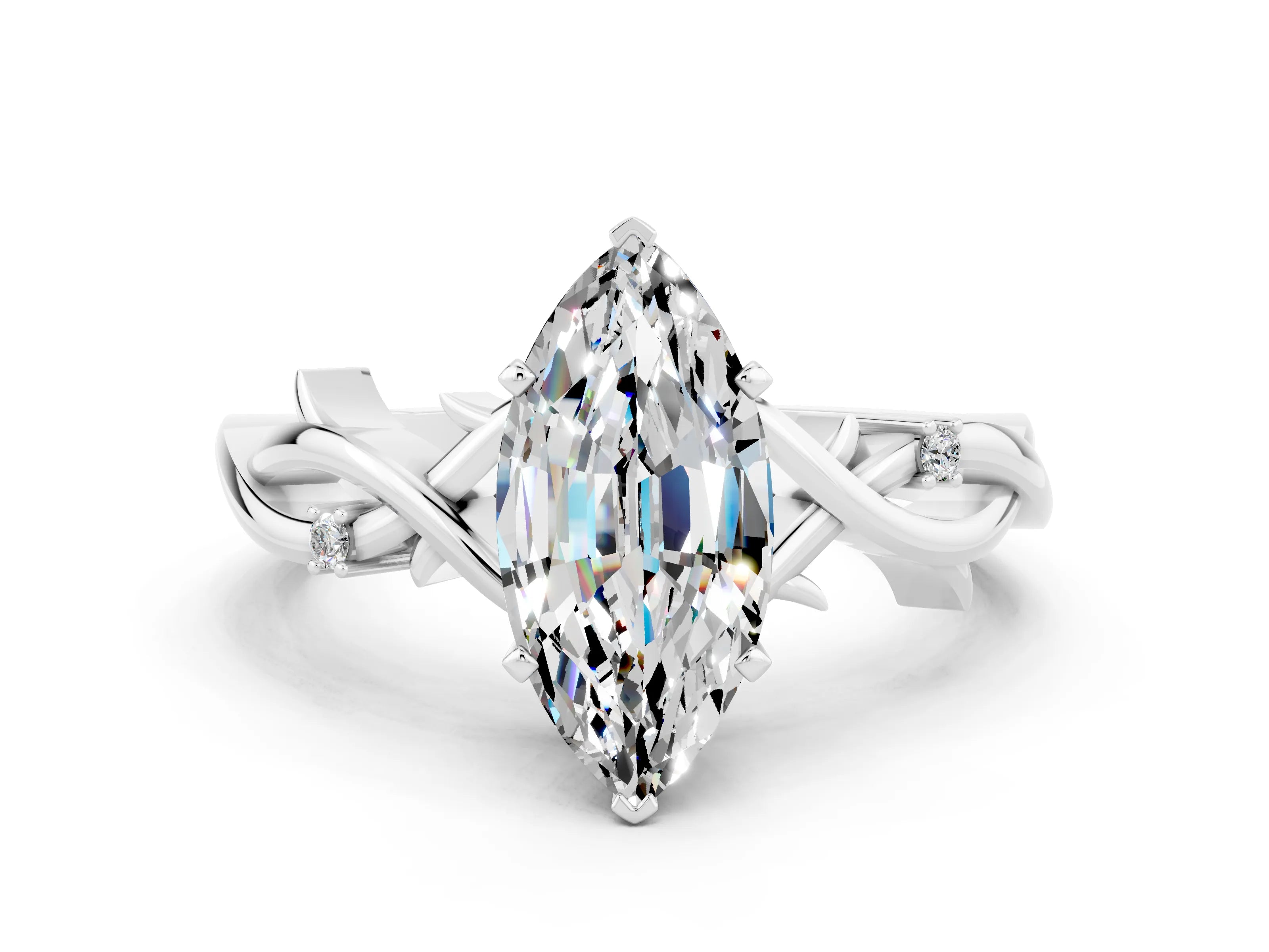 White gold Marquise Cut Moissanite Solitaire Ring with Twisted Band and Prong Setting_12