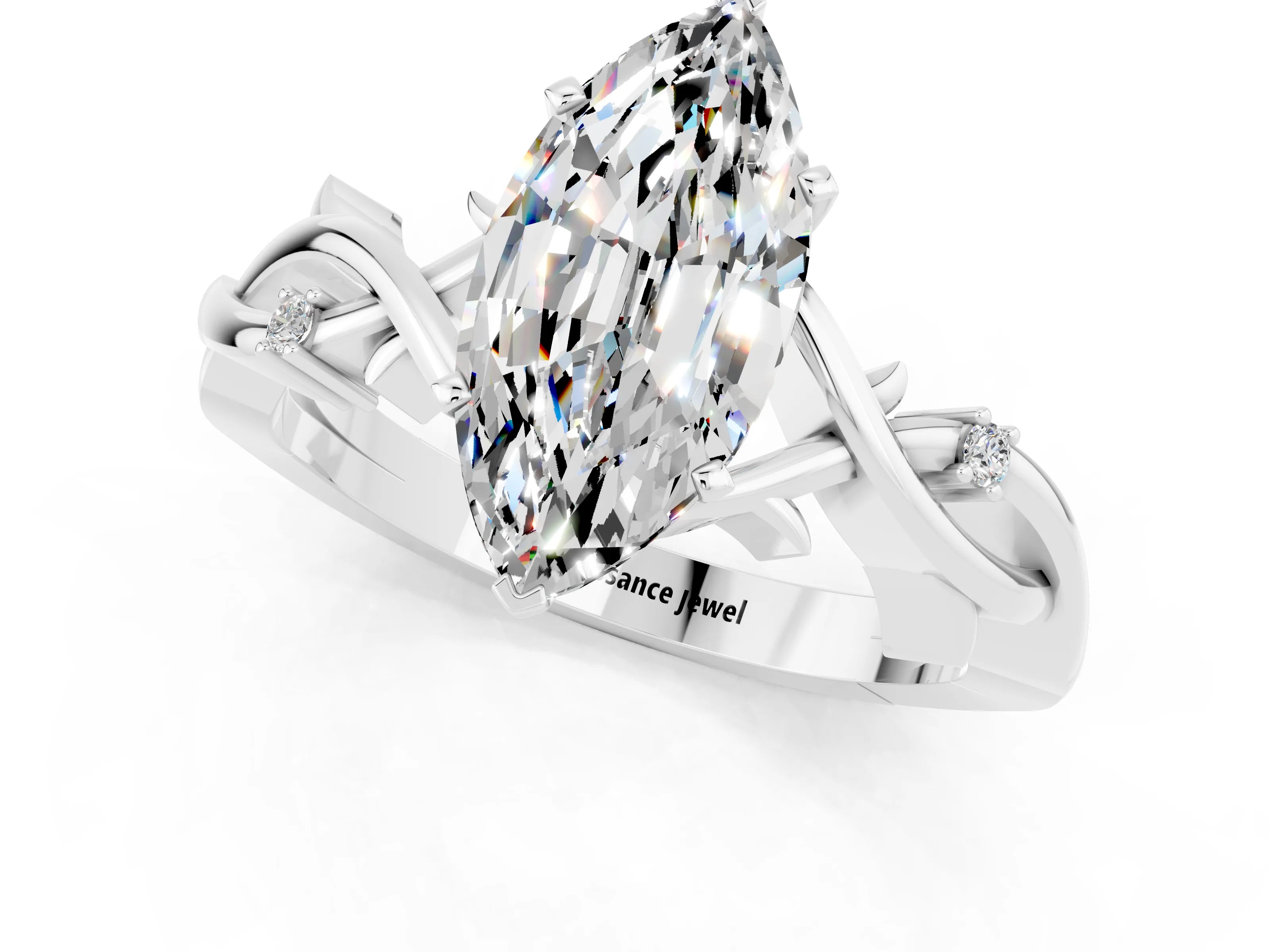 White gold Marquise Cut Moissanite Solitaire Ring with Twisted Band and Prong Setting_13