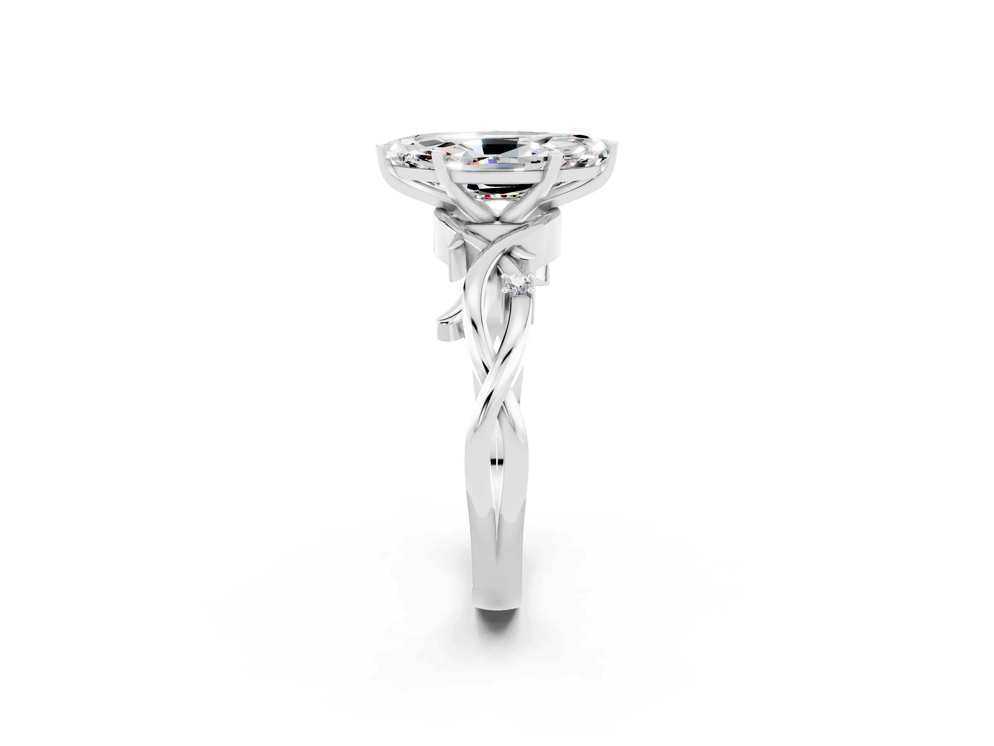 White gold Marquise Cut Moissanite Solitaire Ring with Twisted Band and Prong Setting_14