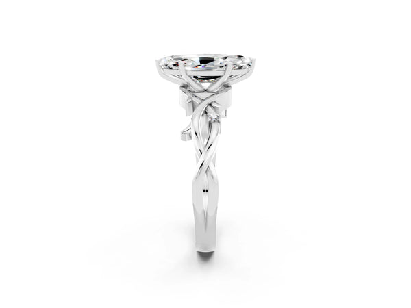White gold Marquise Cut Moissanite Solitaire Ring with Twisted Band and Prong Setting