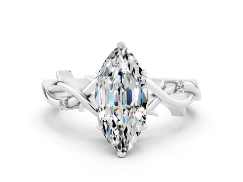 White gold Marquise Cut Moissanite Solitaire Ring with Twisted Band and Prong Setting