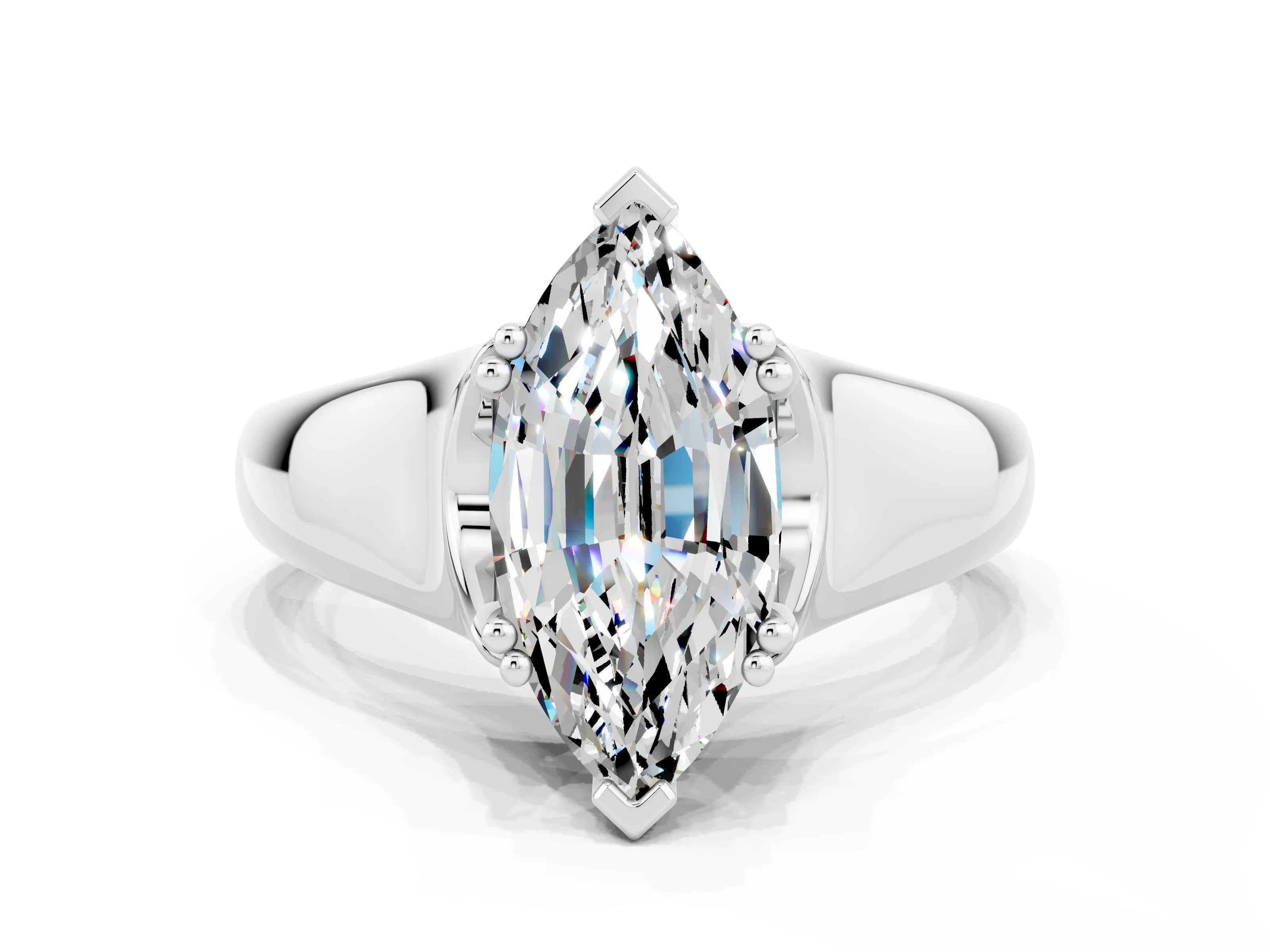 White gold Marquise Cut Moissanite Solitaire Ring with Wide Band and Prong Setting