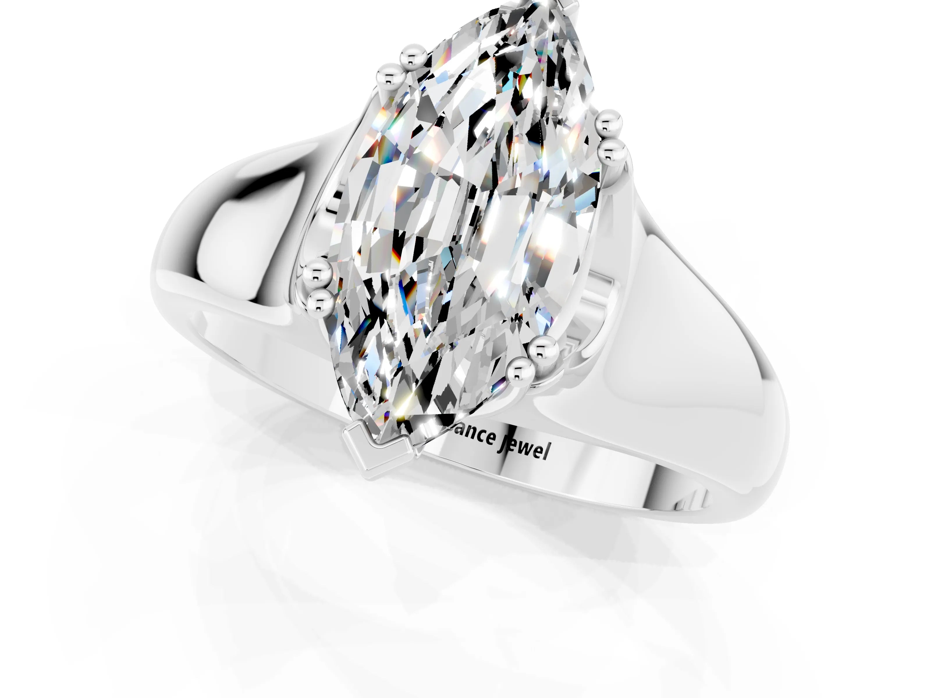 White gold Marquise Cut Moissanite Solitaire Ring with Wide Band and Prong Setting_1
