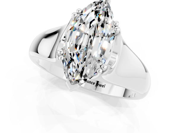 Silver Marquise Cut Moissanite Solitaire Ring with Wide Band and Prong Setting