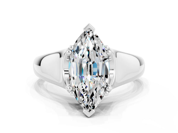 Silver Marquise Cut Moissanite Solitaire Ring with Wide Band and Prong Setting