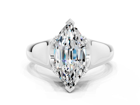 White gold Marquise Cut Moissanite Solitaire Ring with Wide Band and Prong Setting