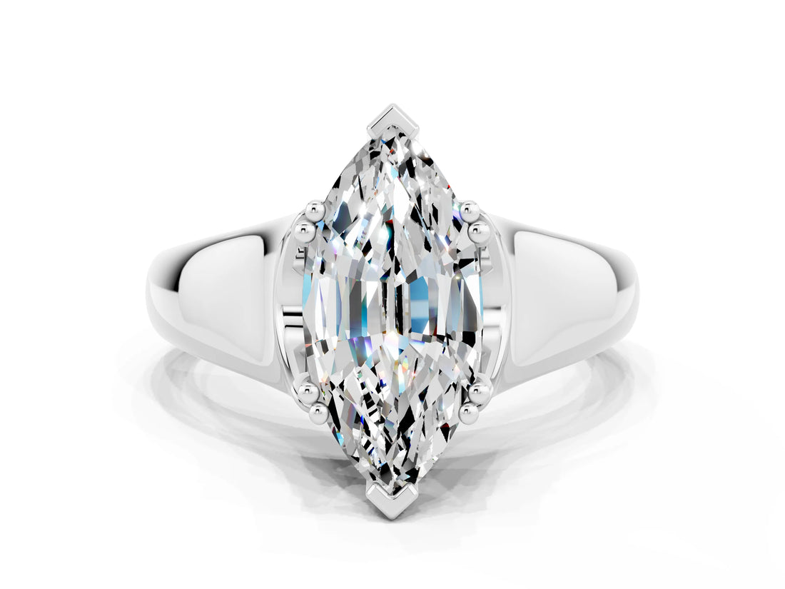 White gold Marquise Cut Moissanite Solitaire Ring with Wide Band and Prong Setting