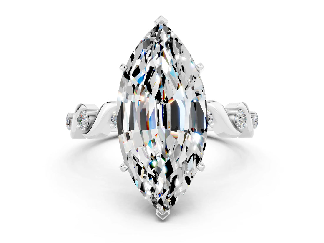 White gold Marquise Cut Moissanite Solitaire Twisted Band with Round  Accents and Prong Setting_12