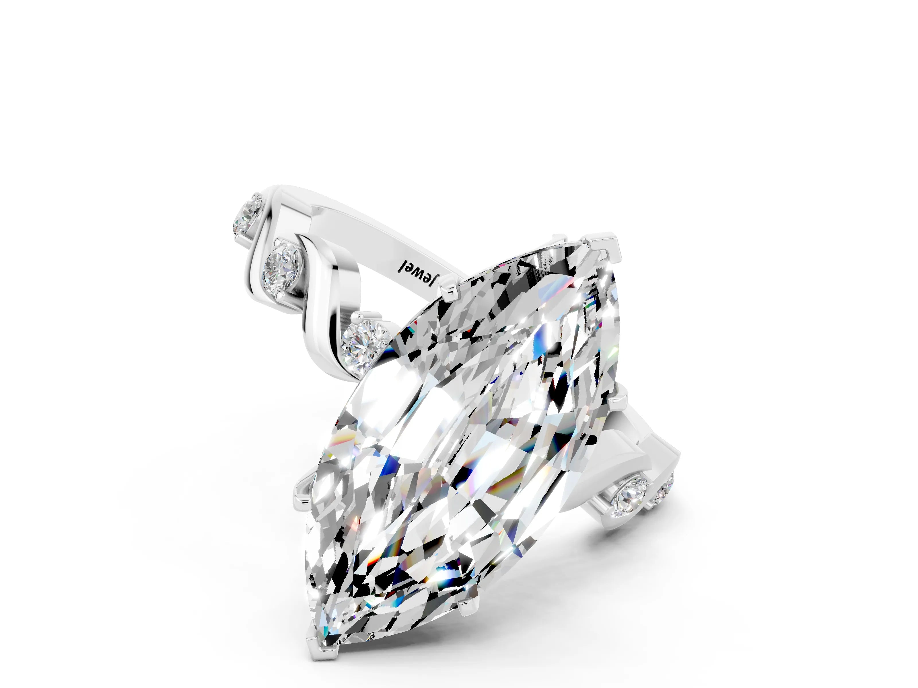 White gold Marquise Cut Moissanite Solitaire Twisted Band with Round  Accents and Prong Setting_12