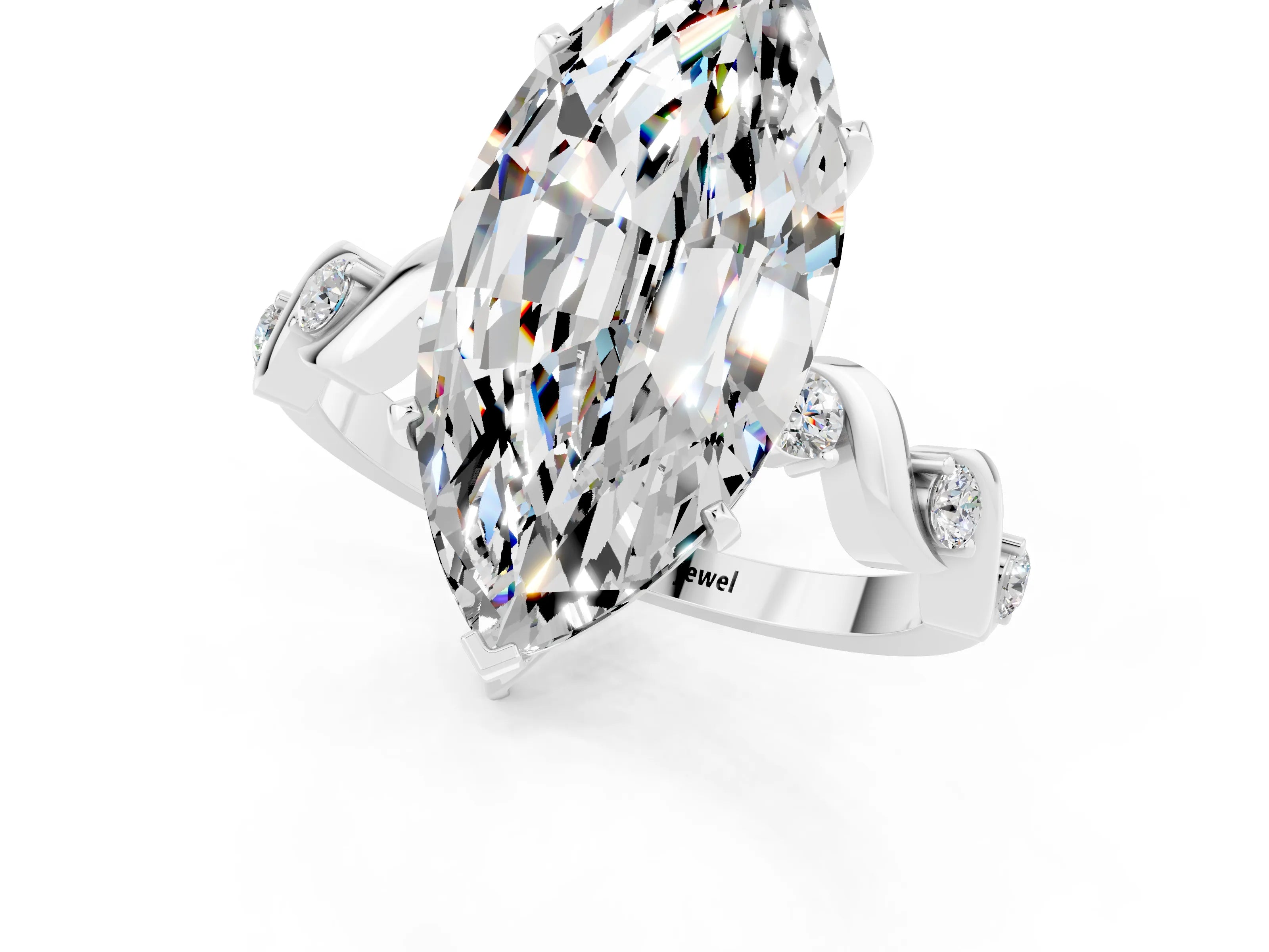 White gold Marquise Cut Moissanite Solitaire Twisted Band with Round  Accents and Prong Setting_13