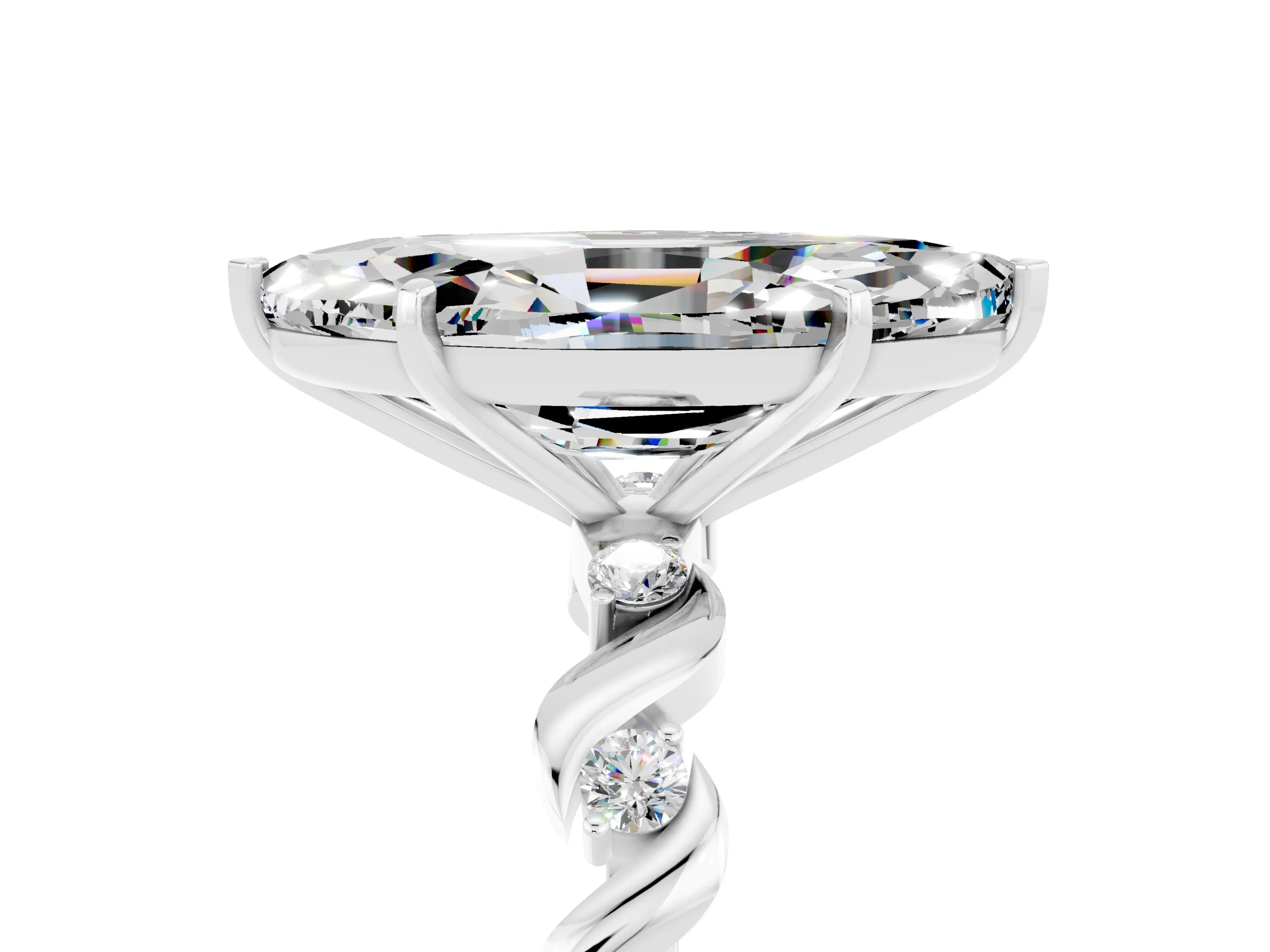 White gold Marquise Cut Moissanite Solitaire Twisted Band with Round  Accents and Prong Setting_17