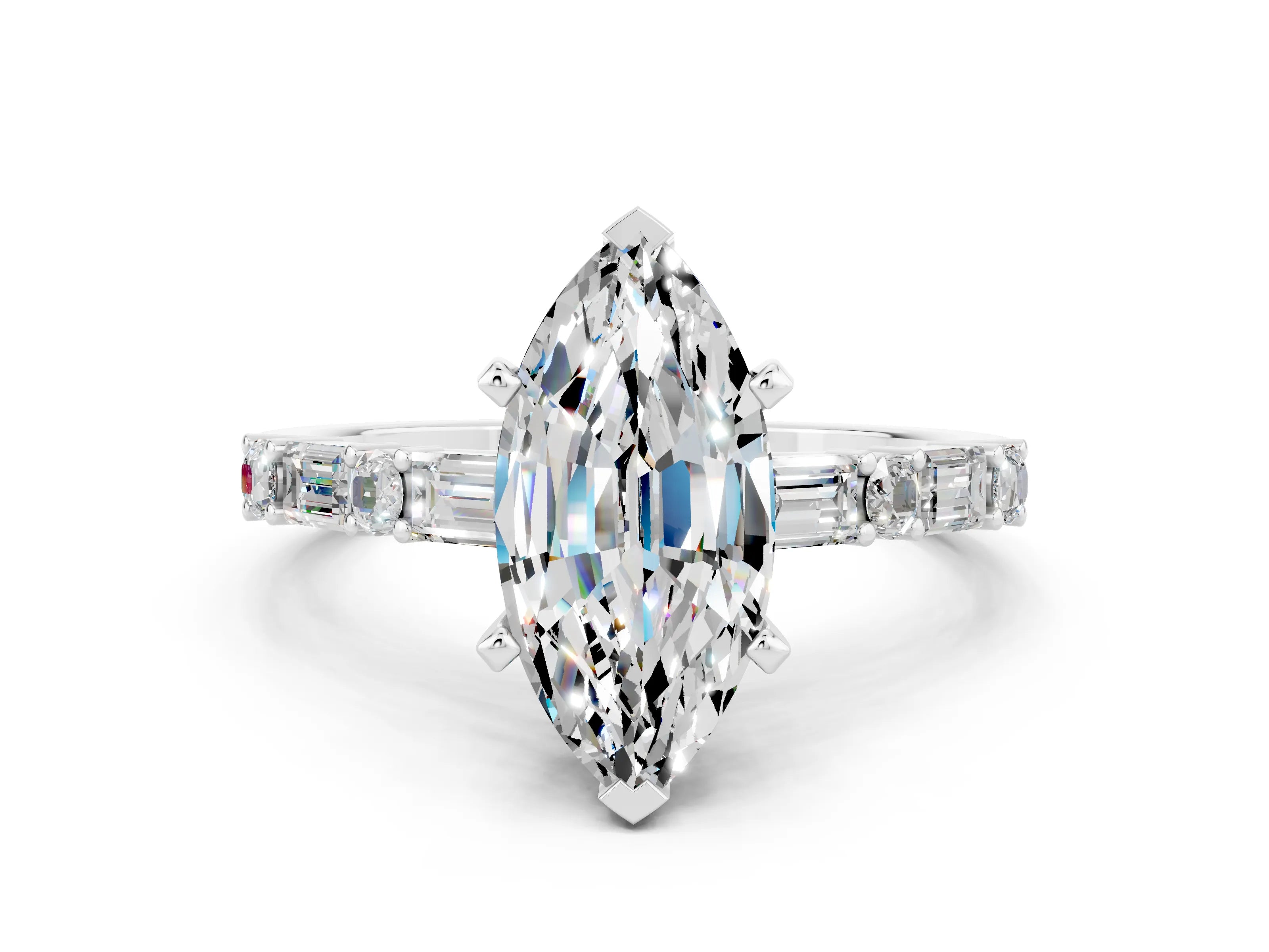 White gold Marquise Cut Moissanite Solitaire with Side Baguettes and Channel Set Band