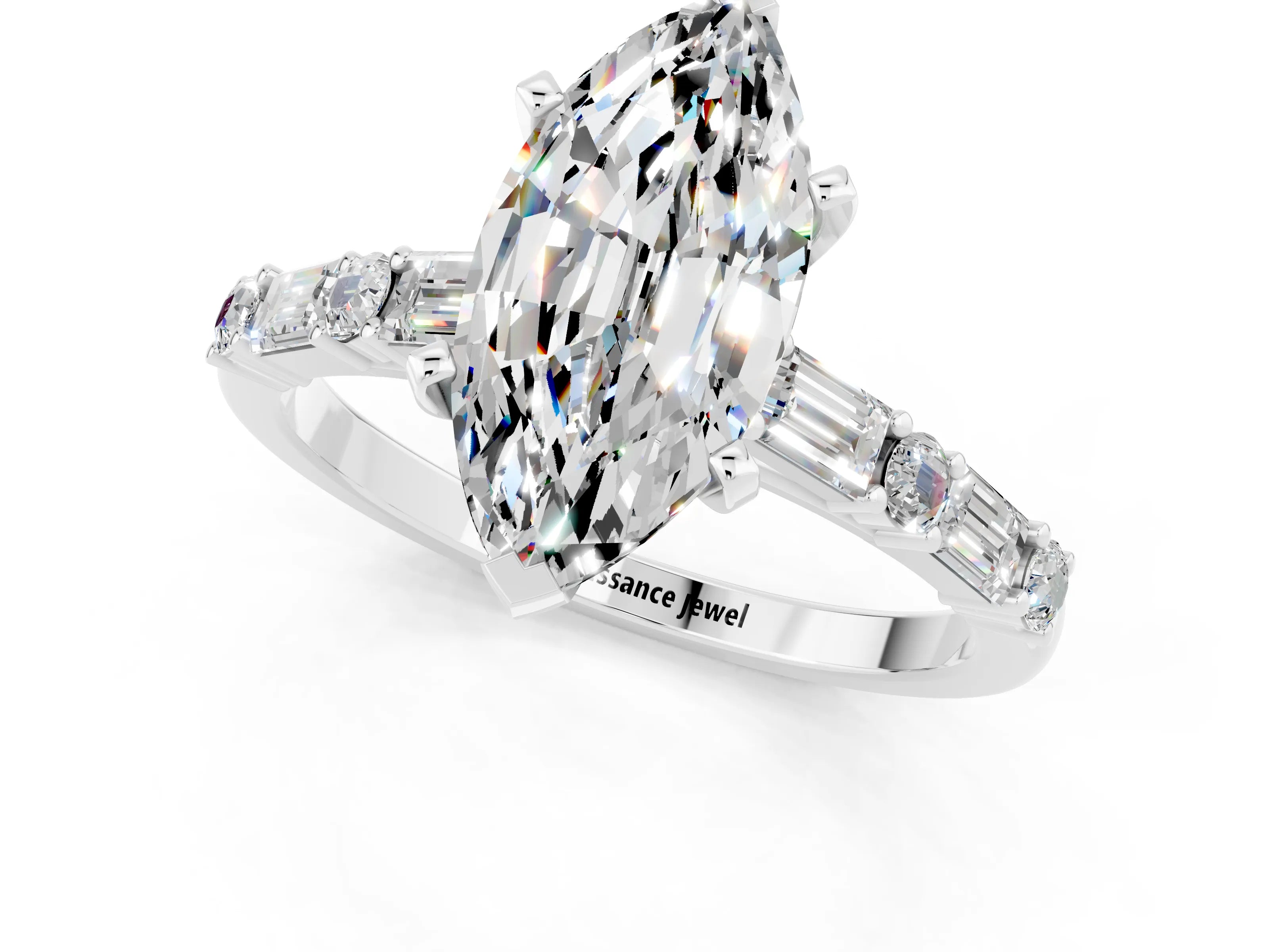 White gold Marquise Cut Moissanite Solitaire with Side Baguettes and Channel Set Band_1