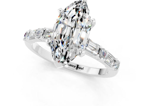 White gold Marquise Cut Moissanite Solitaire with Side Baguettes and Channel Set Band_1
