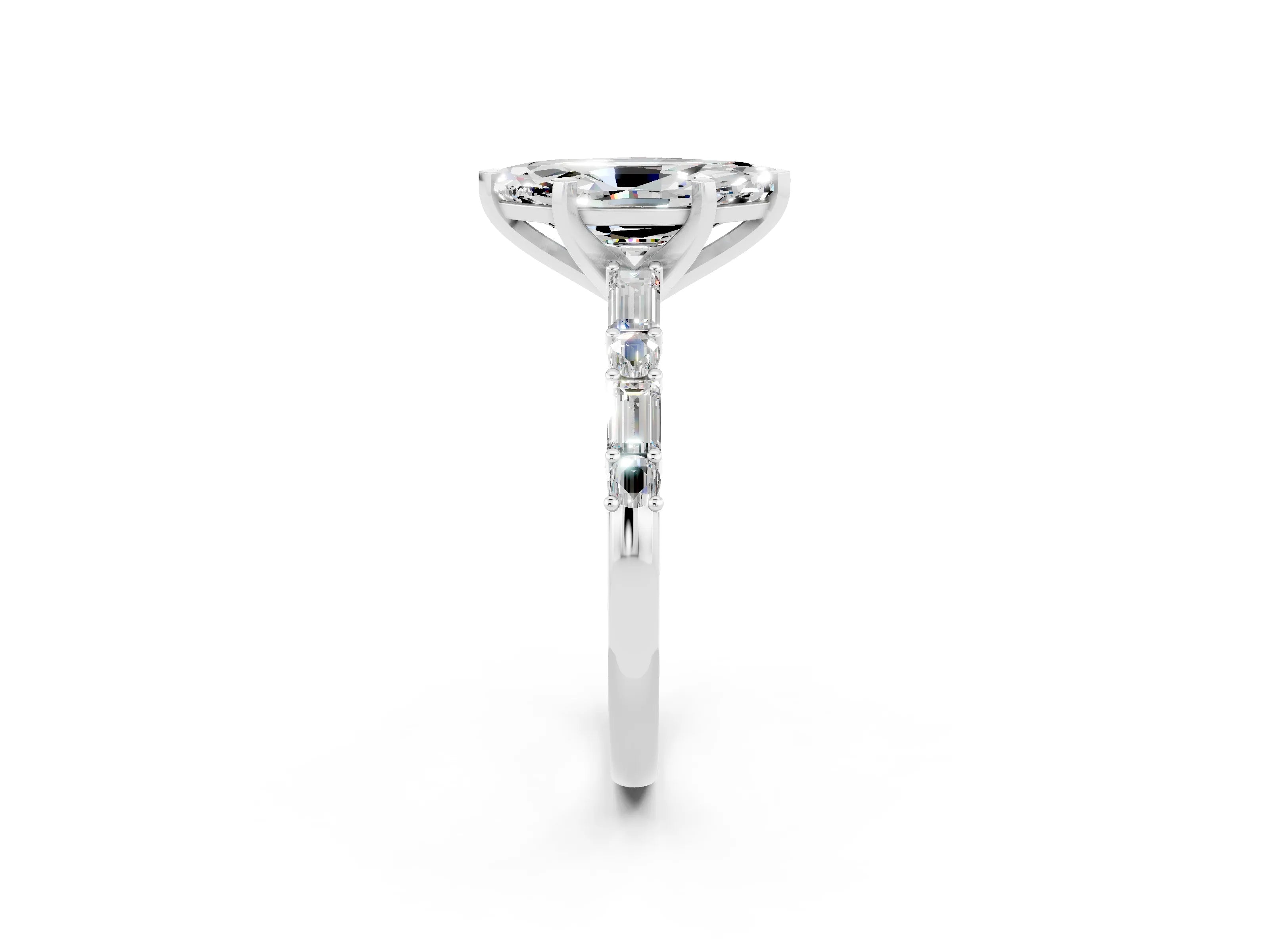 White gold Marquise Cut Moissanite Solitaire with Side Baguettes and Channel Set Band_2