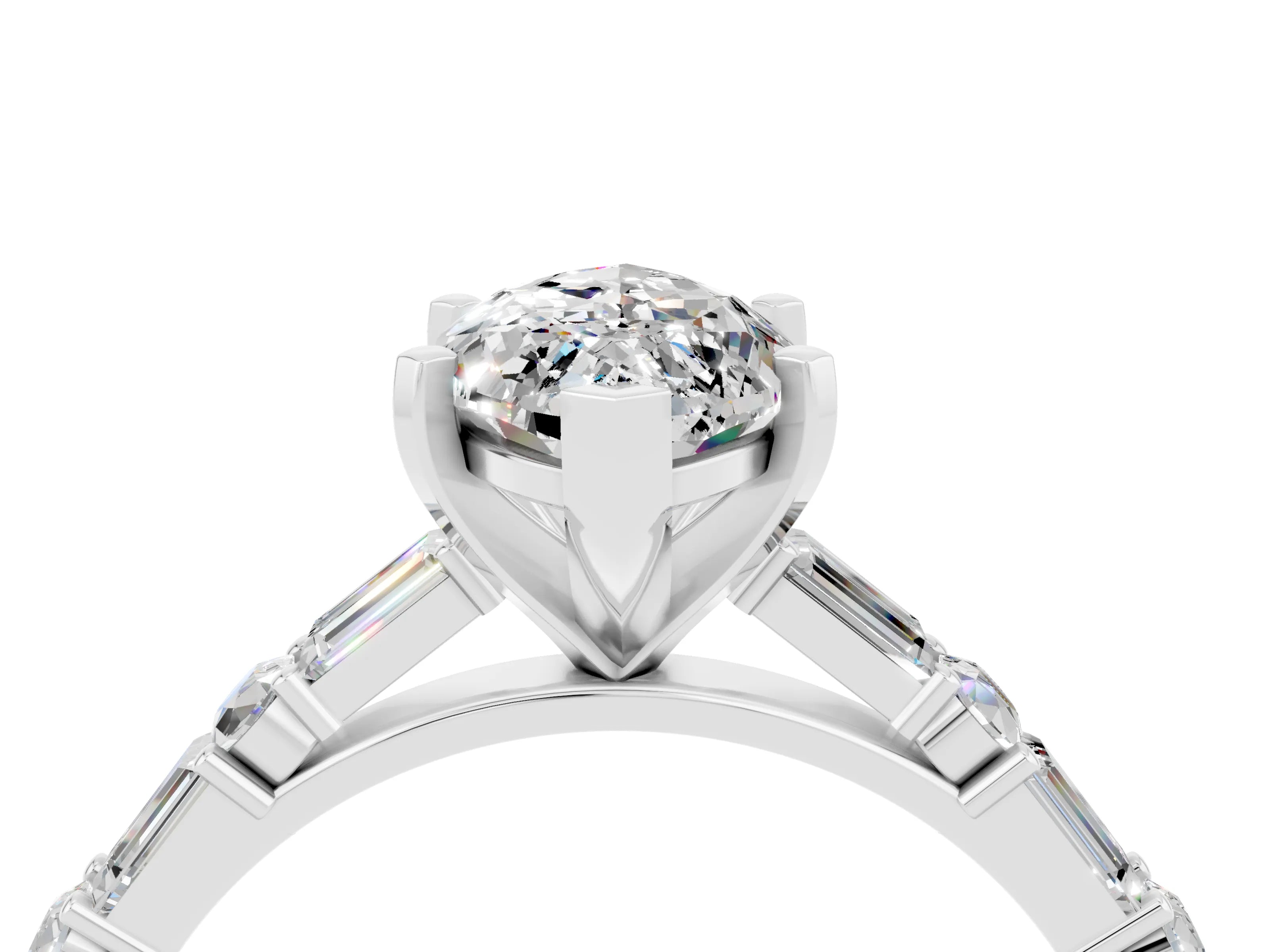 White gold Marquise Cut Moissanite Solitaire with Side Baguettes and Channel Set Band_4