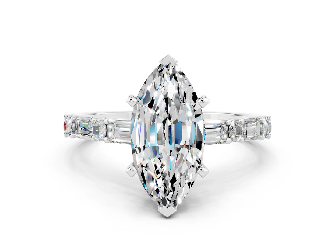 White gold Marquise Cut Moissanite Solitaire with Side Baguettes and Channel Set Band