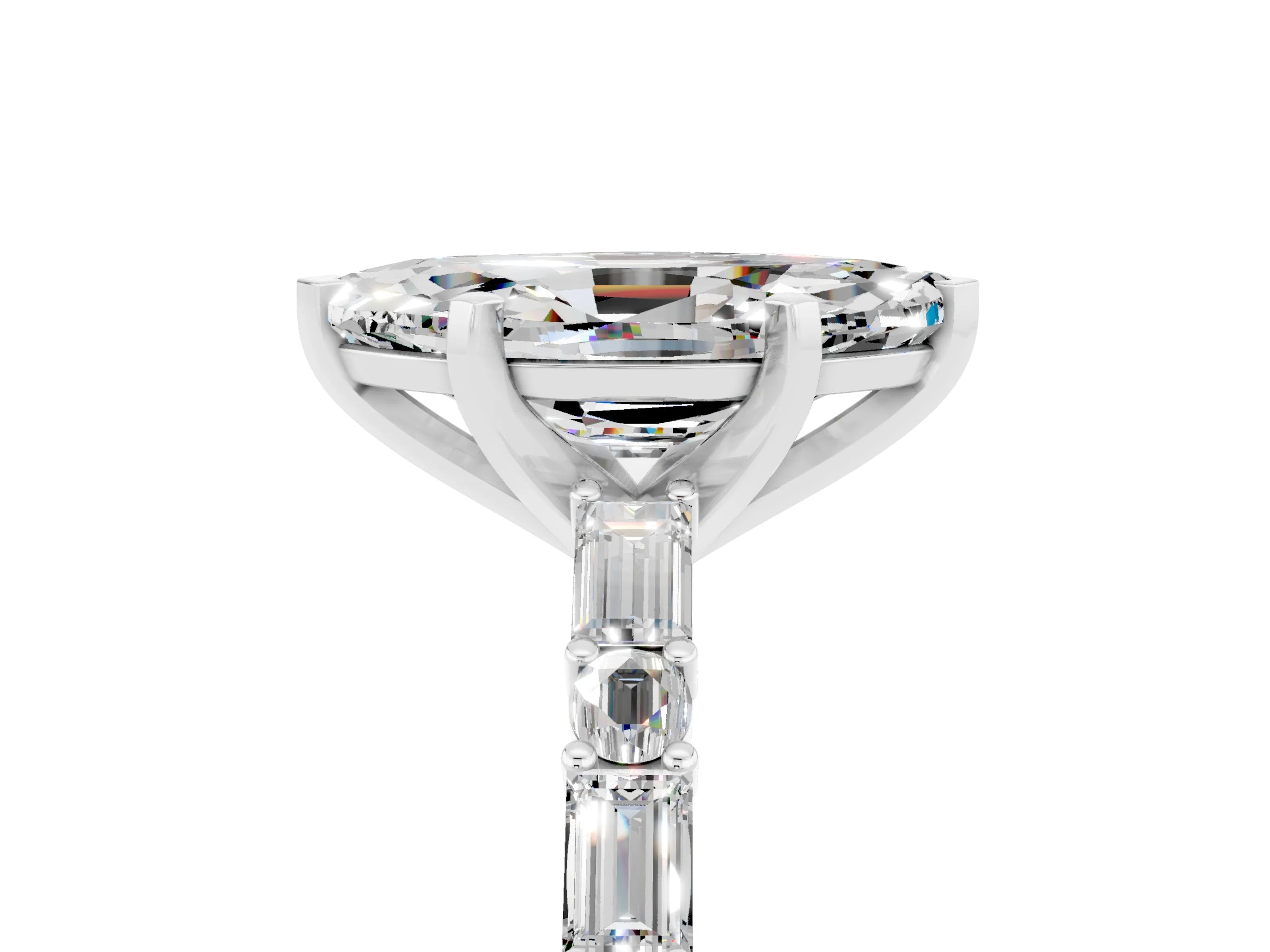 White gold Marquise Cut Moissanite Solitaire with Side Baguettes and Channel Set Band_5