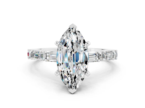 Silver Marquise Cut Moissanite Solitaire with Side Baguettes and Channel Set Band