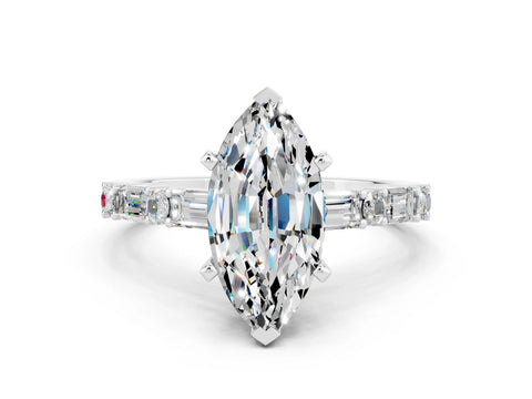 White gold Marquise Cut Moissanite Solitaire with Side Baguettes and Channel Set Band
