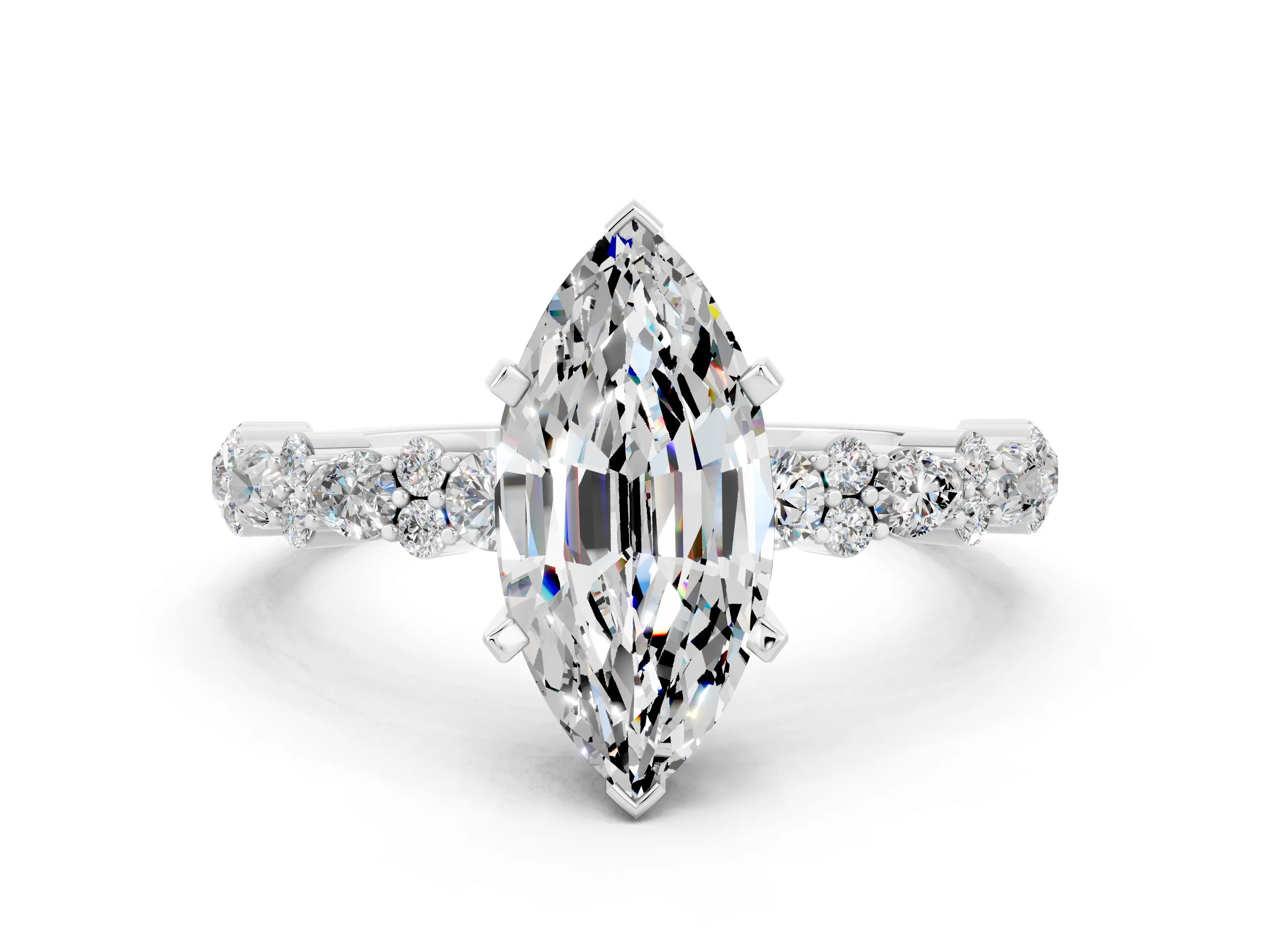 White gold Marquise Cut Moissanite Solitaire with Side Stones, Pave Band, Four-Prong Setting_12