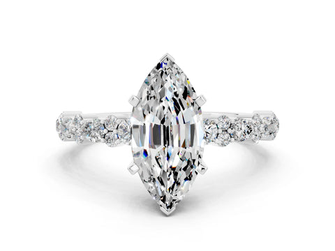 White gold Marquise Cut Moissanite Solitaire with Side Stones, Pave Band, Four-Prong Setting_12