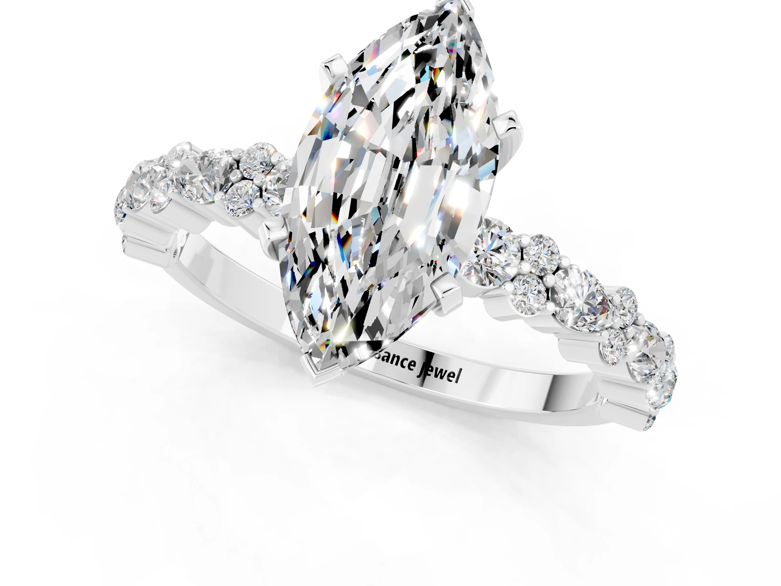 White gold Marquise Cut Moissanite Solitaire with Side Stones, Pave Band, Four-Prong Setting_13