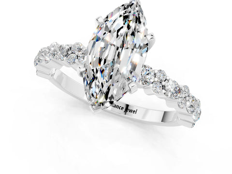 White gold Marquise Cut Moissanite Solitaire with Side Stones, Pave Band, Four-Prong Setting_13