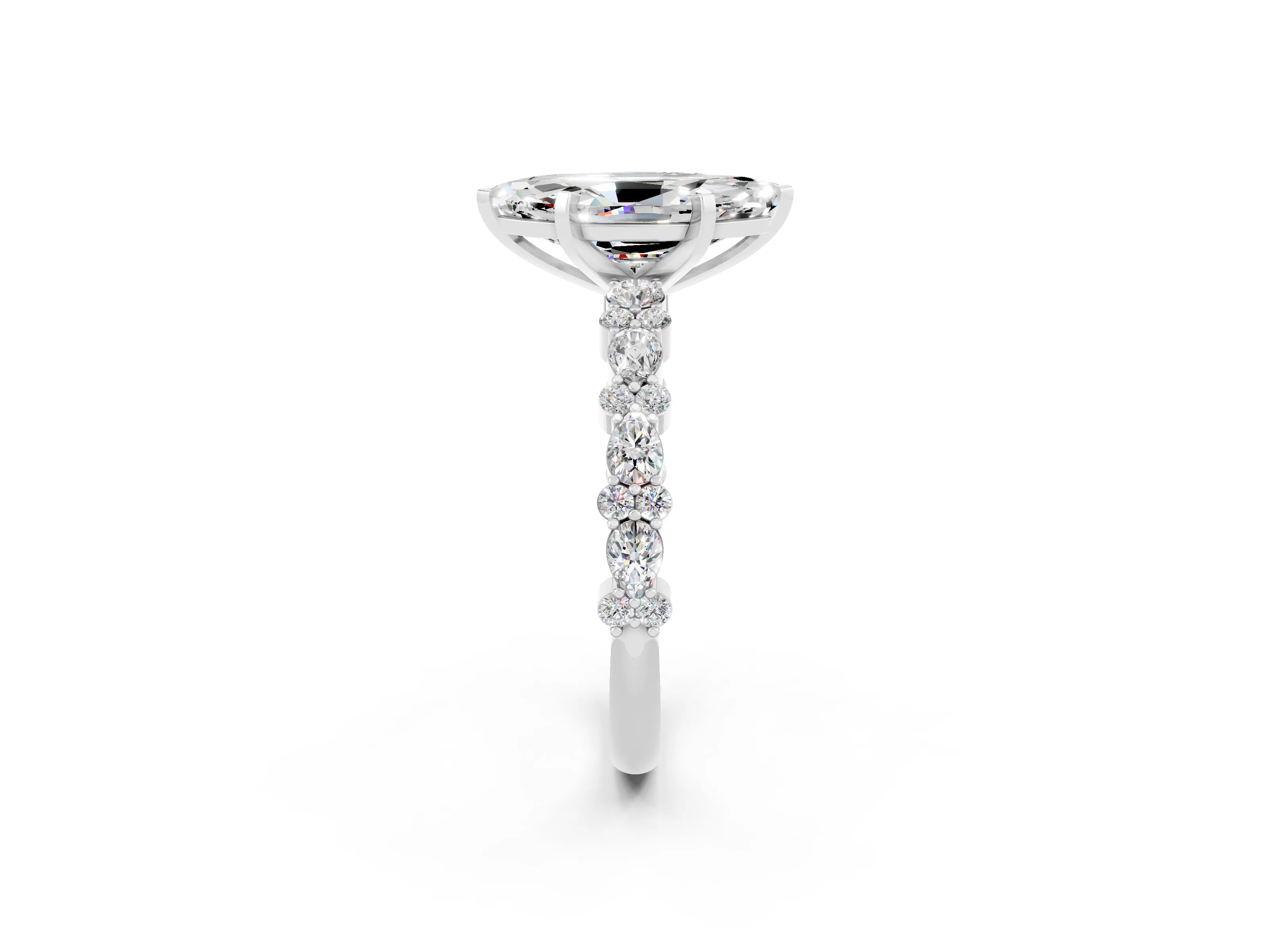 White gold Marquise Cut Moissanite Solitaire with Side Stones, Pave Band, Four-Prong Setting_14