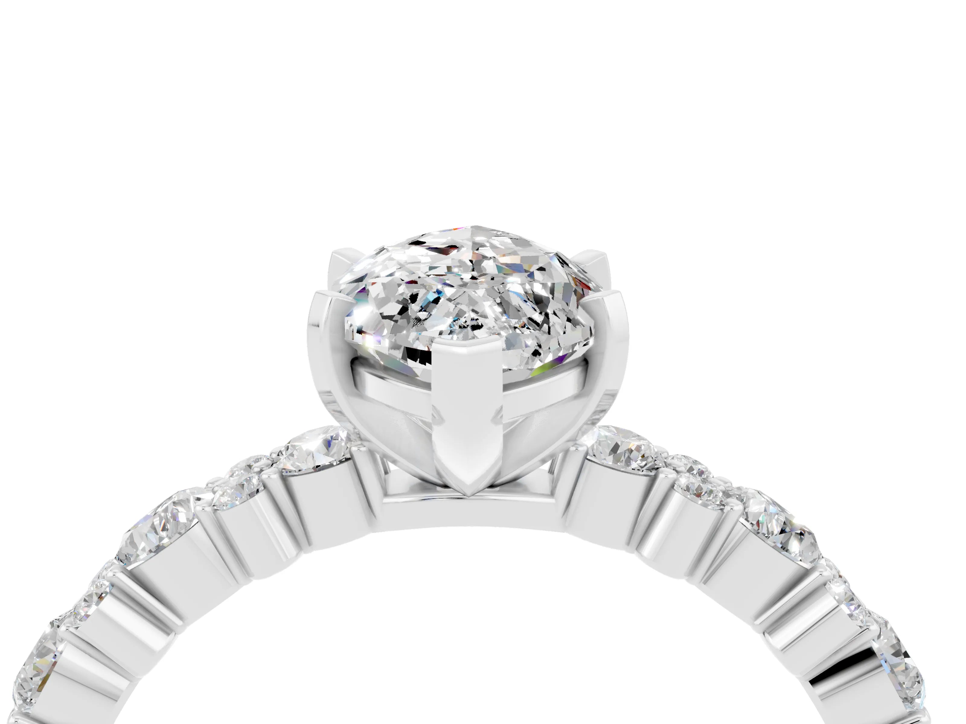 White gold Marquise Cut Moissanite Solitaire with Side Stones, Pave Band, Four-Prong Setting_16