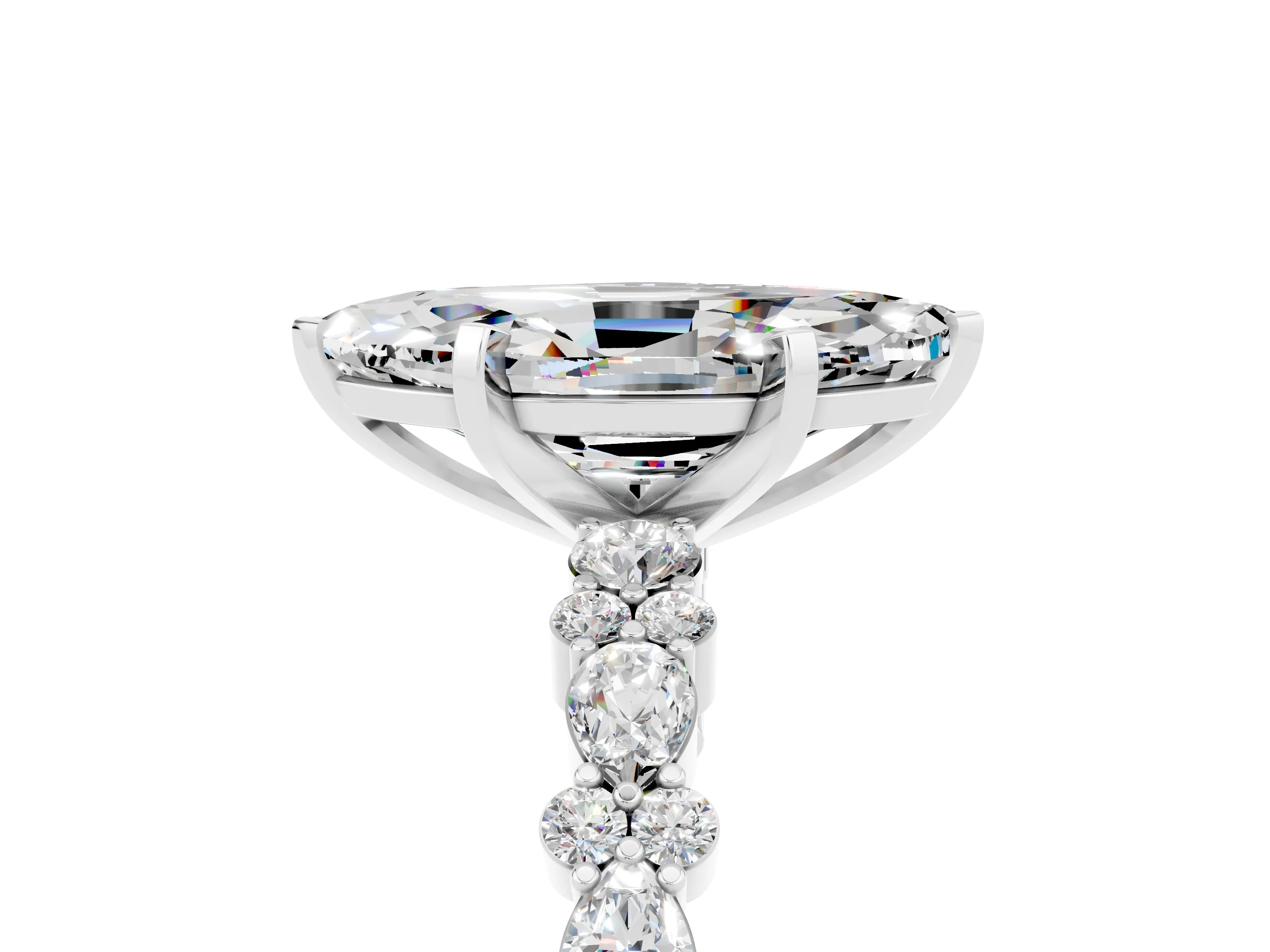 White gold Marquise Cut Moissanite Solitaire with Side Stones, Pave Band, Four-Prong Setting_17