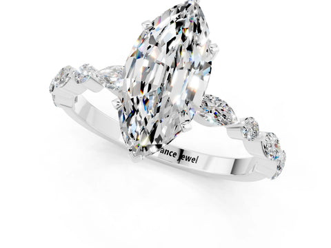 White gold Marquise Cut Moissanite Solitaire with Side Stones on a Pavé Band and Four-Prong Setting_1