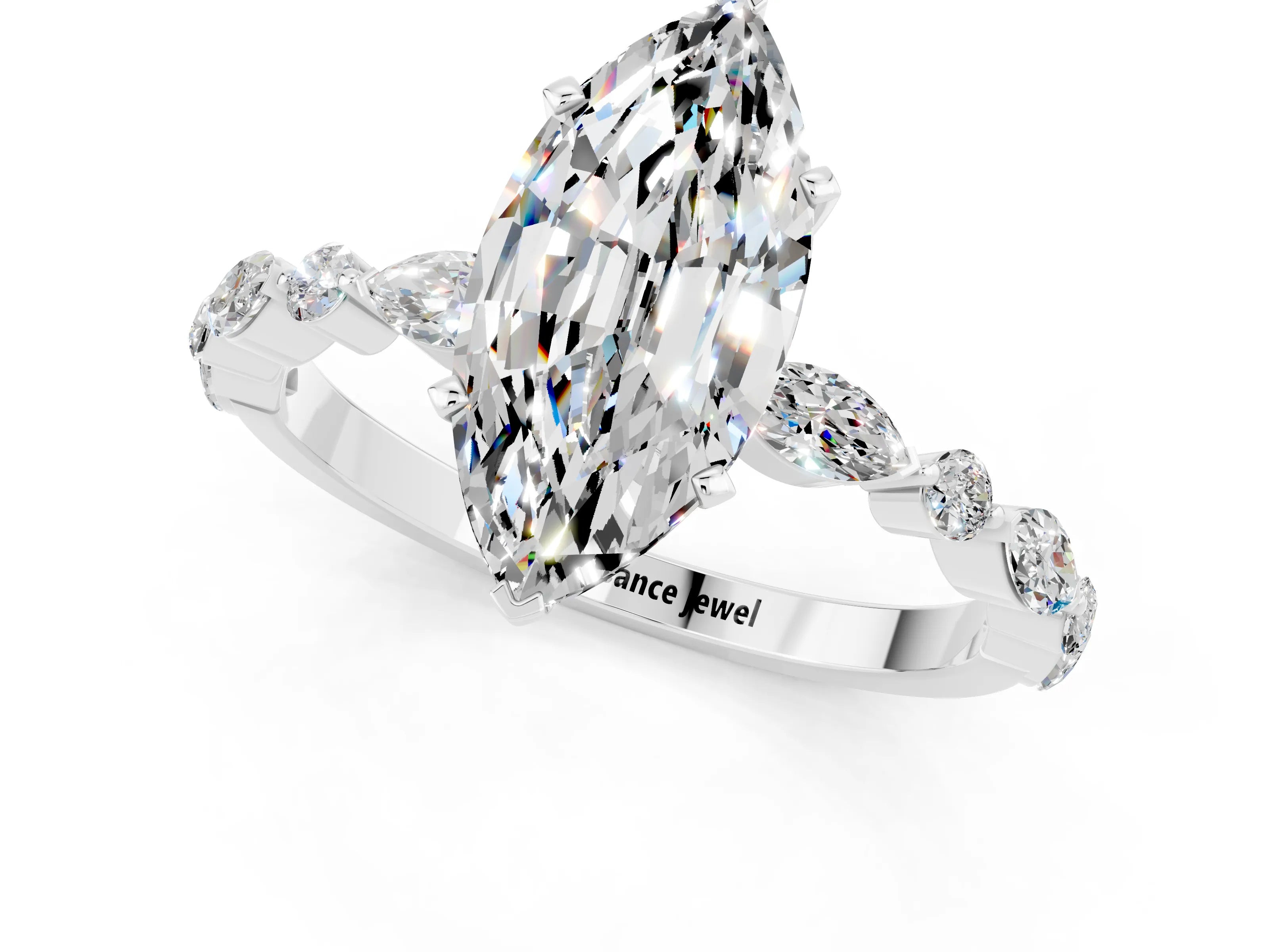 White gold Marquise Cut Moissanite Solitaire with Side Stones on a Pavé Band and Four-Prong Setting_1
