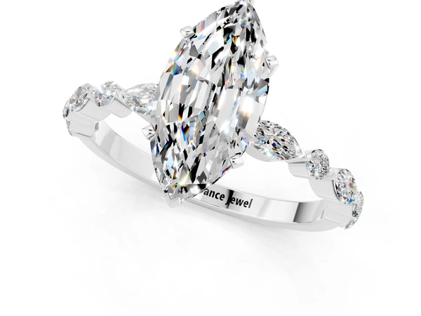 Silver Marquise Cut Moissanite Ring with Marquise and Round  Side Stones and Four-Prong Setting