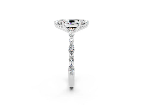 White gold Marquise Cut Moissanite Solitaire with Side Stones on a Pavé Band and Four-Prong Setting_2