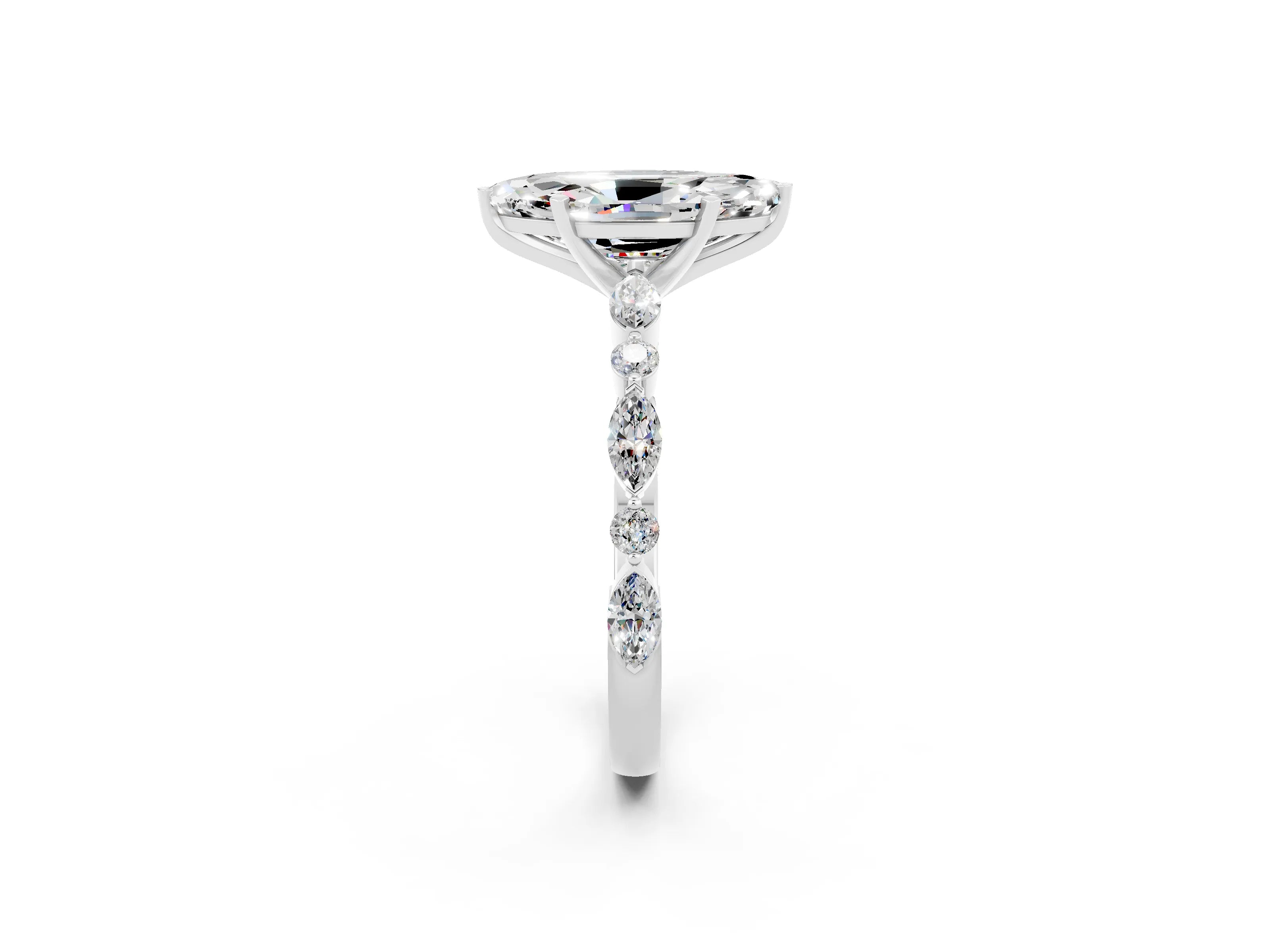 White gold Marquise Cut Moissanite Solitaire with Side Stones on a Pavé Band and Four-Prong Setting_2