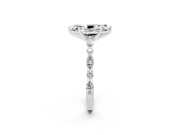 Silver Marquise Cut Moissanite Ring with Marquise and Round  Side Stones and Four-Prong Setting