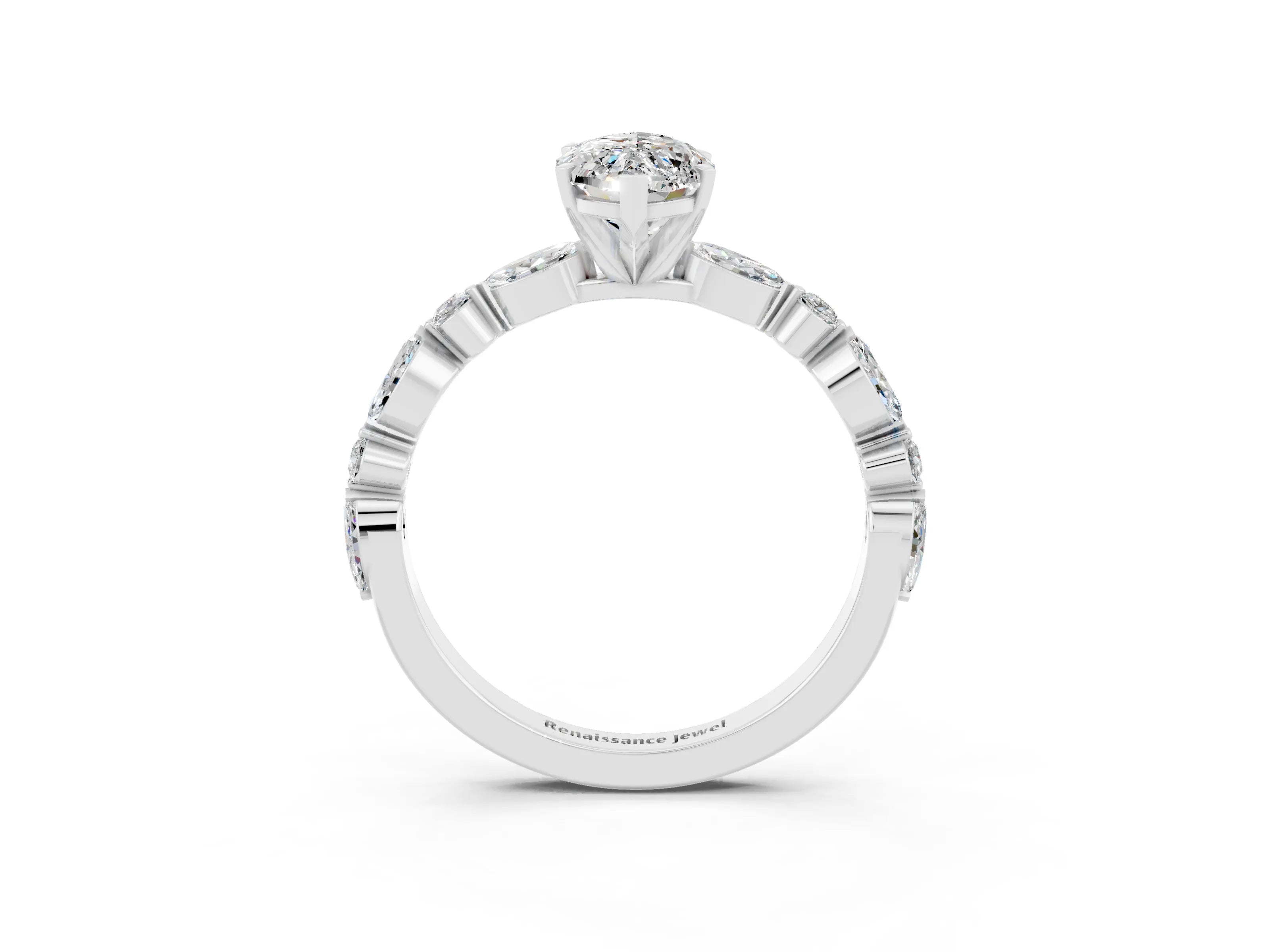 White gold Marquise Cut Moissanite Solitaire with Side Stones on a Pavé Band and Four-Prong Setting_3