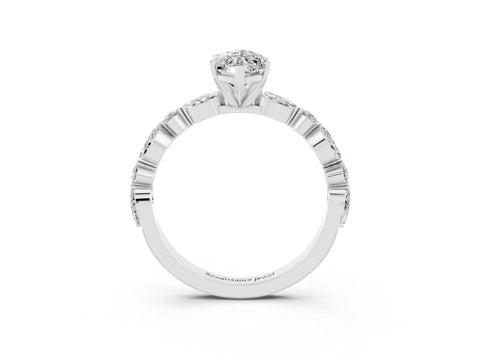 White gold Marquise Cut Moissanite Solitaire with Side Stones on a Pavé Band and Four-Prong Setting_3