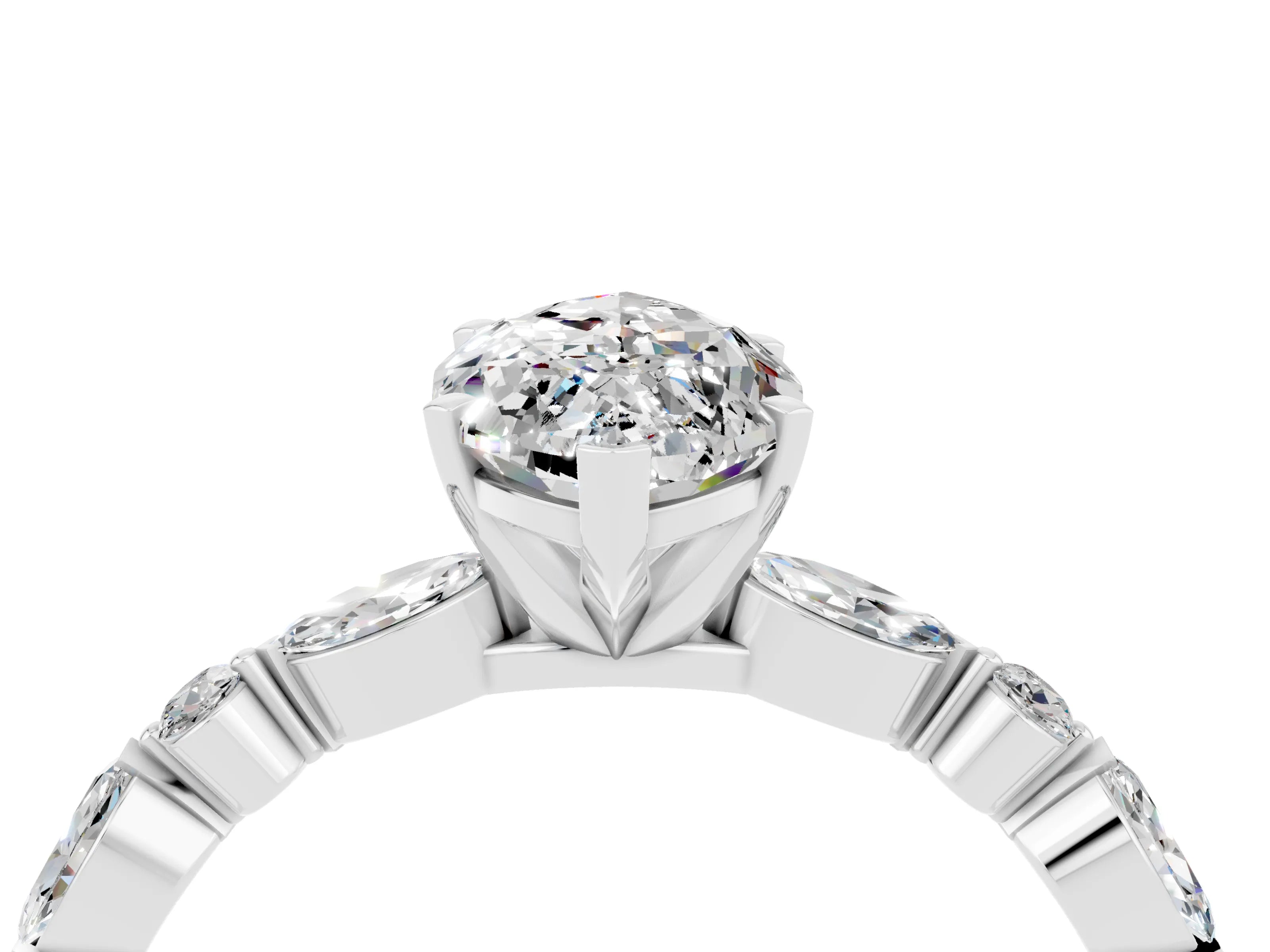 White gold Marquise Cut Moissanite Solitaire with Side Stones on a Pavé Band and Four-Prong Setting_4