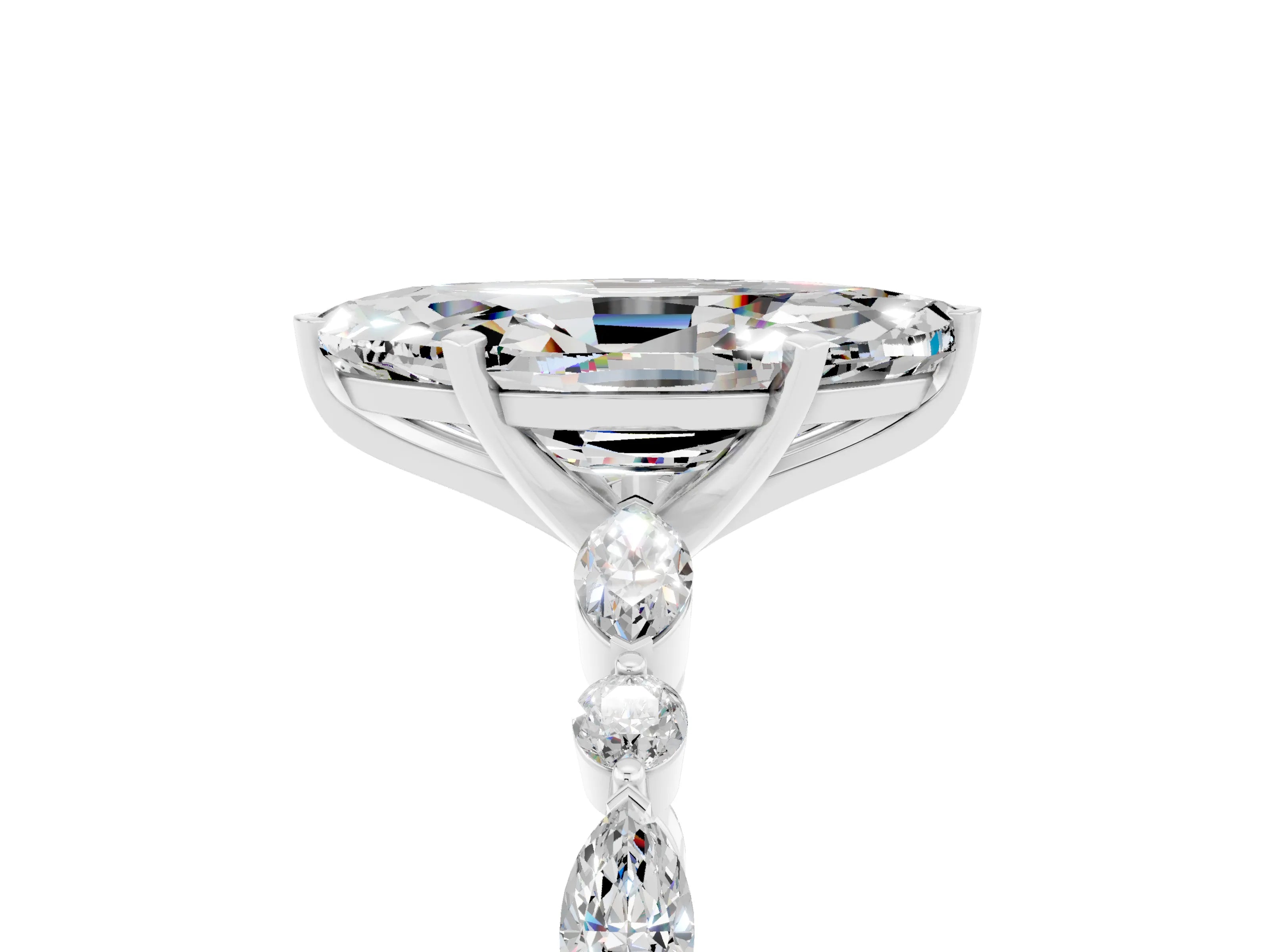 White gold Marquise Cut Moissanite Solitaire with Side Stones on a Pavé Band and Four-Prong Setting_5