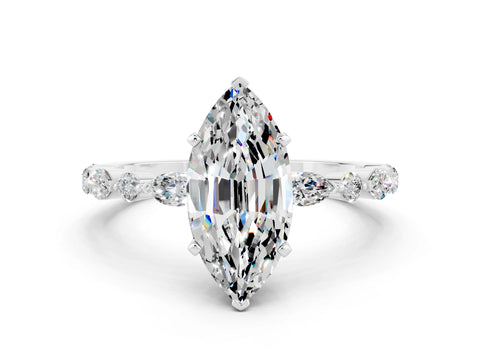 White gold Marquise Cut Moissanite Solitaire with Side Stones on a Pavé Band and Four-Prong Setting