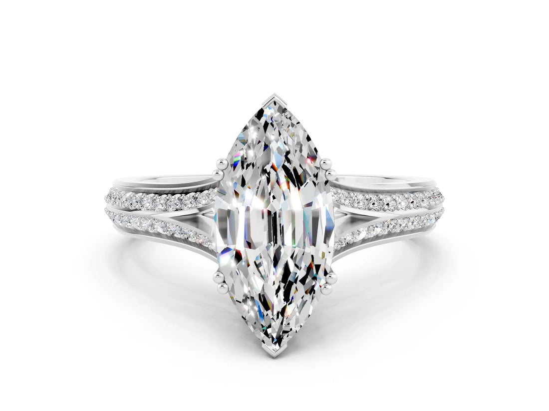 White gold Marquise Cut Moissanite Split Shank Engagement Ring with Pavé Band
