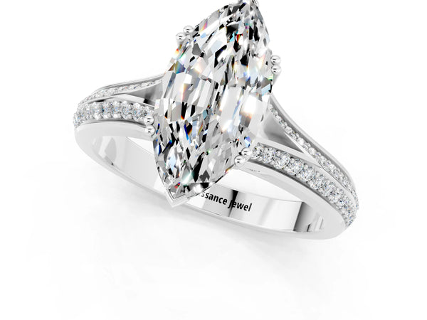 White gold Marquise Cut Moissanite Split Shank Engagement Ring with Pavé Band
