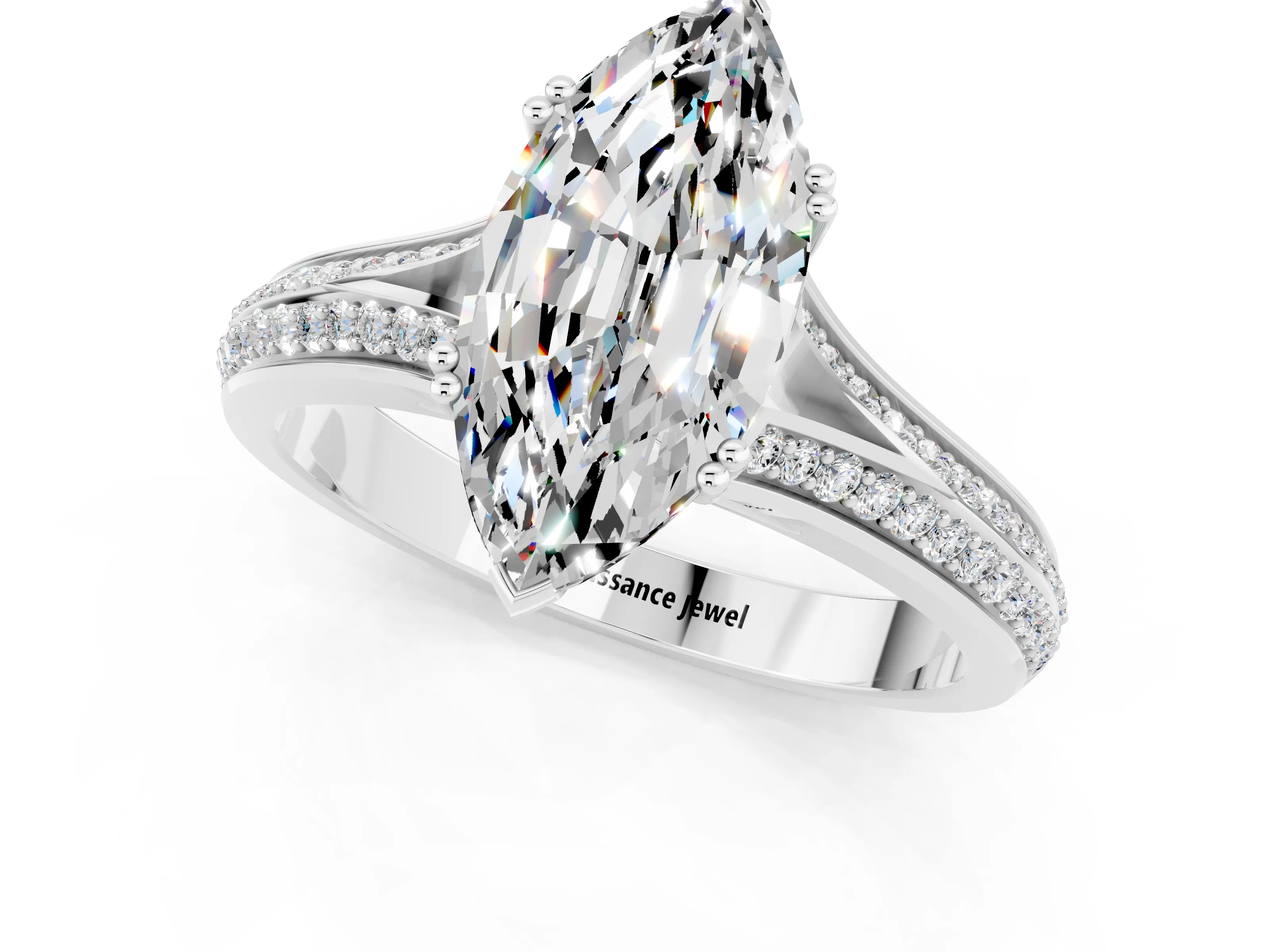 White gold Marquise Cut Moissanite Split Shank Engagement Ring with Pavé Band_1