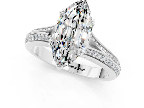 White gold Marquise Cut Moissanite Split Shank Engagement Ring with Pavé Band_1