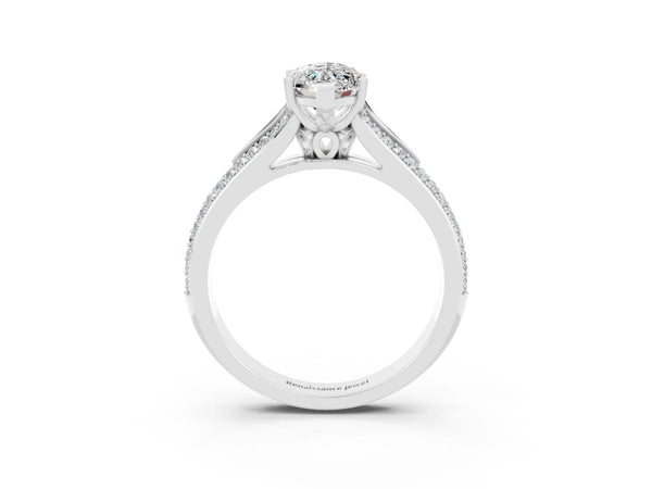 Silver Marquise Cut Moissanite Split Shank Engagement Ring with Pavé Band