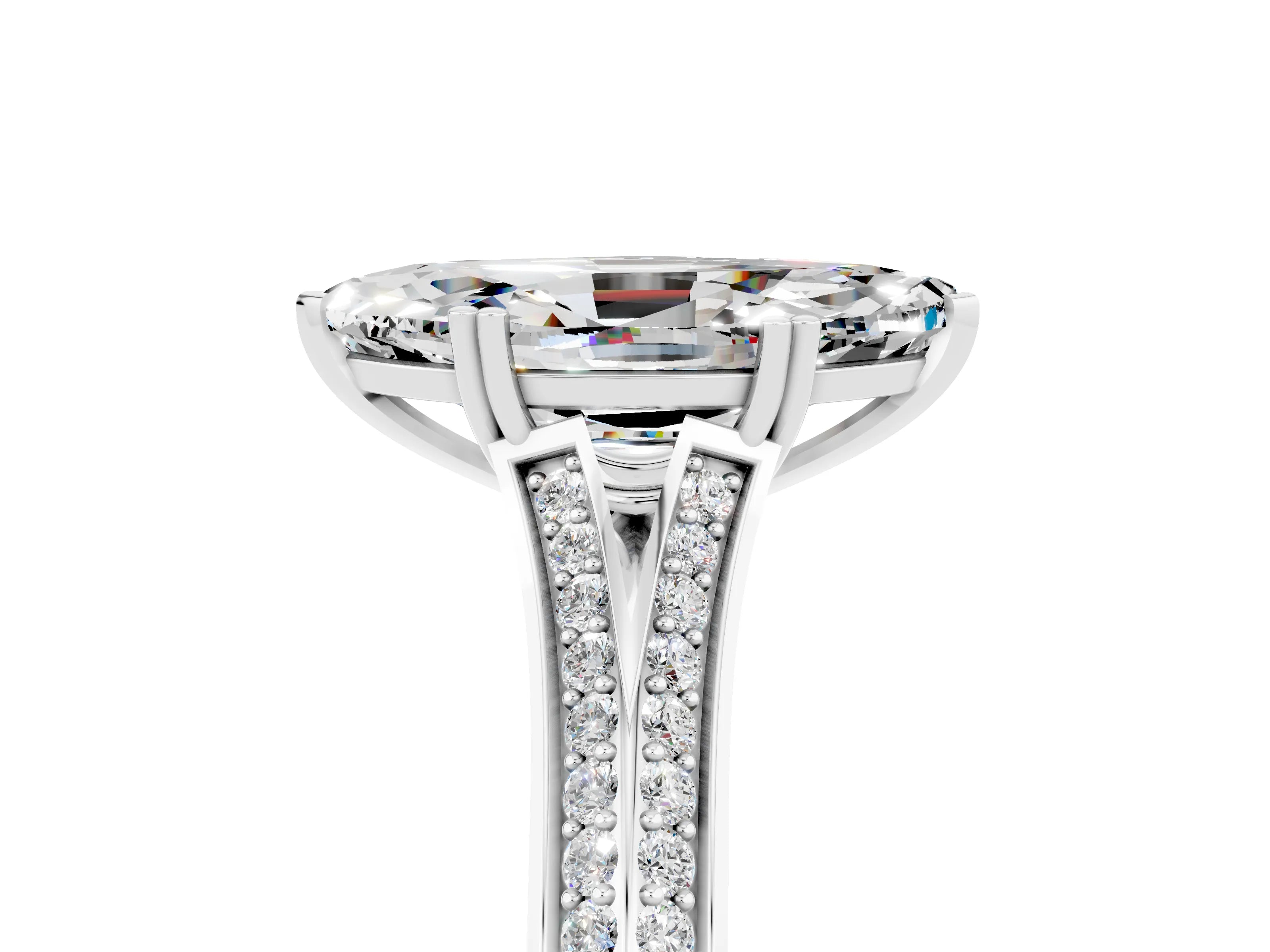White gold Marquise Cut Moissanite Split Shank Engagement Ring with Pavé Band_5